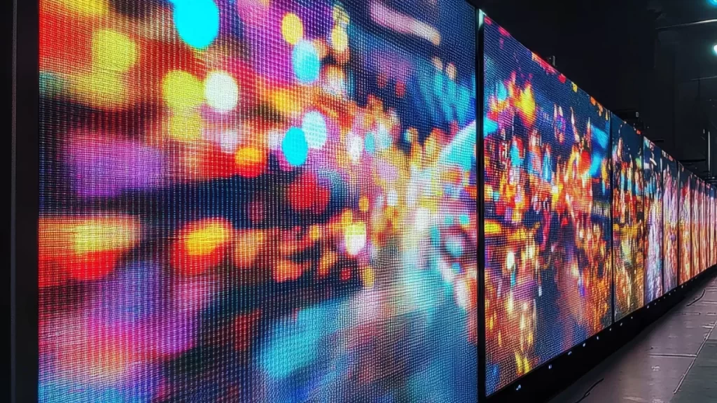 Telões de LED exibindo imagens coloridas e vibrantes em alta definição, lado a lado, formando um grande painel luminoso.