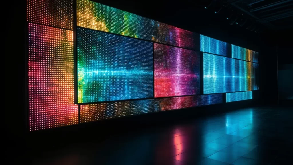 Telões de LED coloridos em uma exposição, exibindo efeitos luminosos vibrantes em tons de azul, verde, vermelho e amarelo.