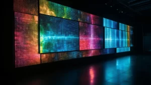 Telões de LED coloridos em uma exposição, exibindo efeitos luminosos vibrantes em tons de azul, verde, vermelho e amarelo.