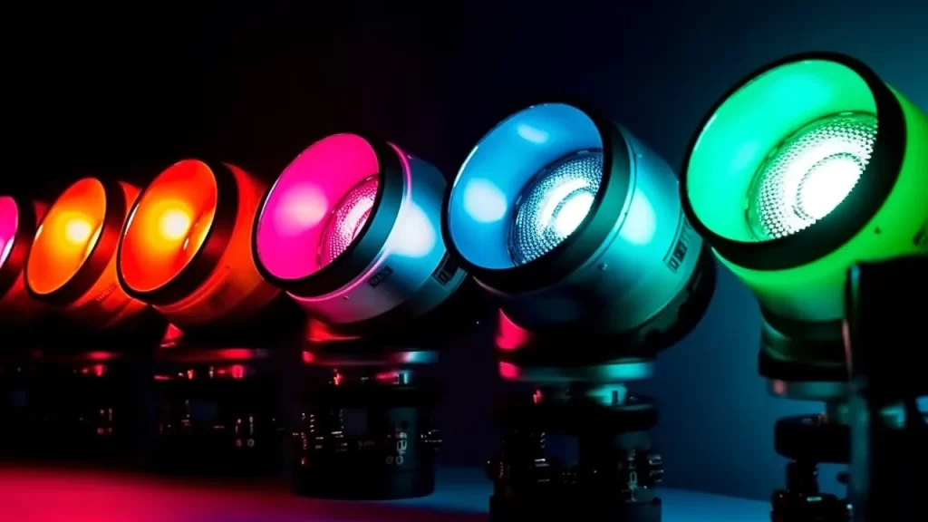 Refletores de LED coloridos iluminando em tons de vermelho, rosa, azul e verde em ambiente escuro.