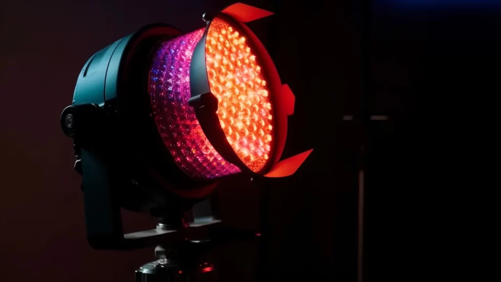Refletor de LED profissional emitindo luz vermelha intensa em ambiente escuro, usado para iluminação de eventos.